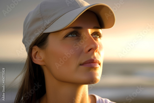 Portrait of beautiful young woman in cap on the beach at sunset