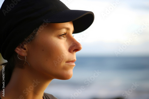Portrait of a beautiful young woman in a baseball cap on the beach