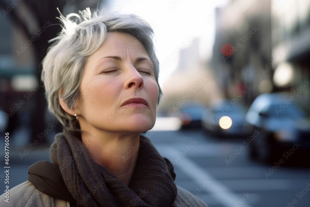 Mature woman with eyes closed in the city on a sunny day Mature woman with eyes closed in the city on a sunny day