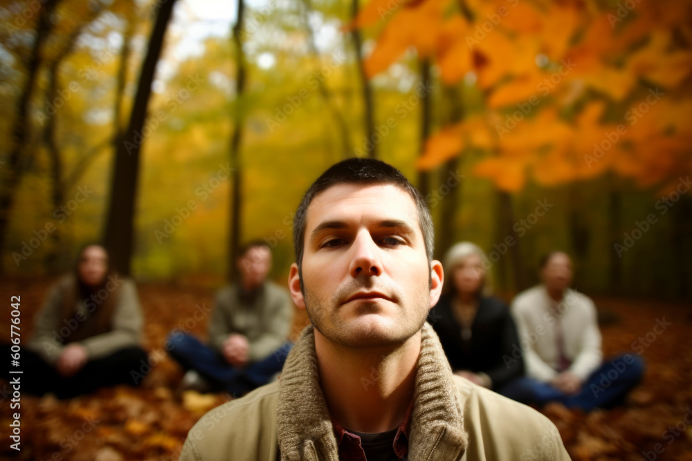 Group of friends sitting in the autumn forest. Focus on the man Group of friends sitting in the autumn forest. Focus on the man