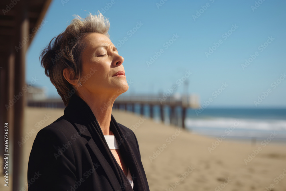 Medium shot portrait photography of a woman in her 50s practicing mindfulness sophrology relaxation & stress-reduction wearing a sleek suit against a beach boardwalk or promenade background
