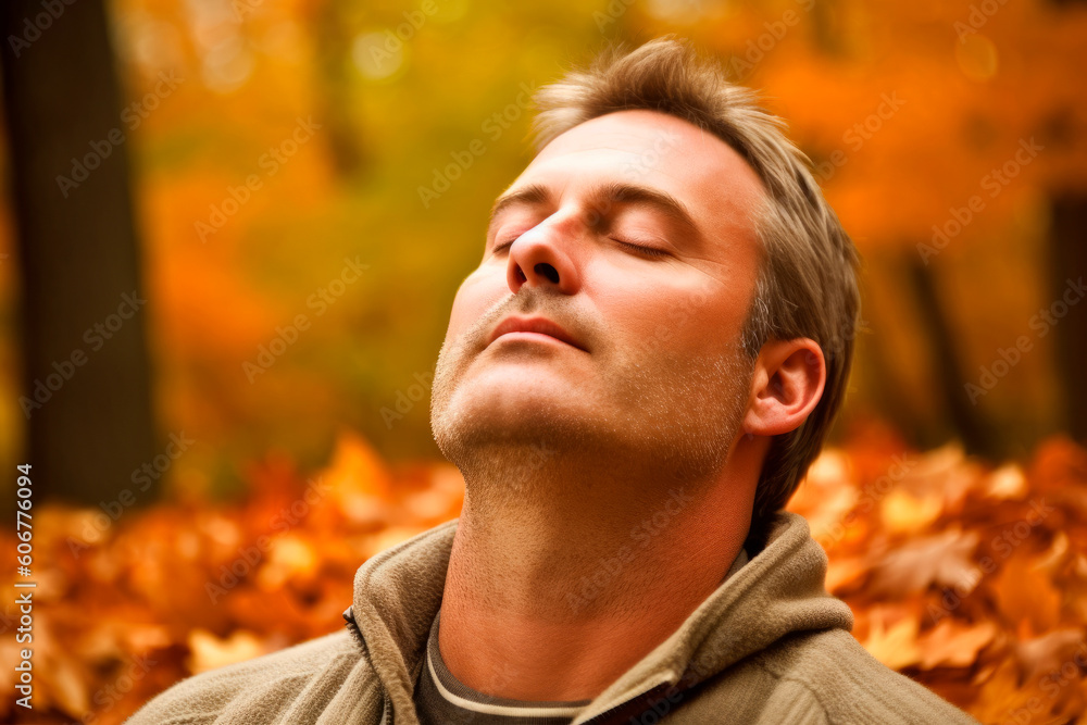 Young man relaxing in autumn park, looking up, eyes closed. Young man relaxing in autumn park, looking up, eyes closed.