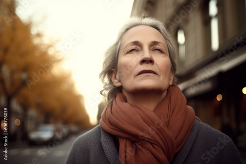 Portrait of a senior woman on a city street in autumn.