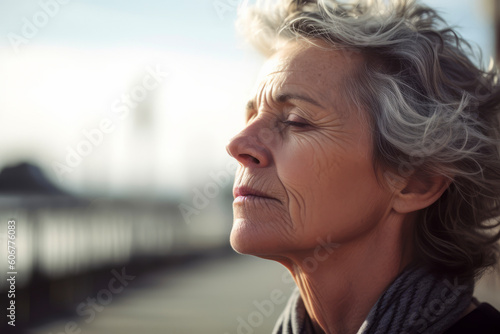 Side view of senior woman with closed eyes looking away on beach.