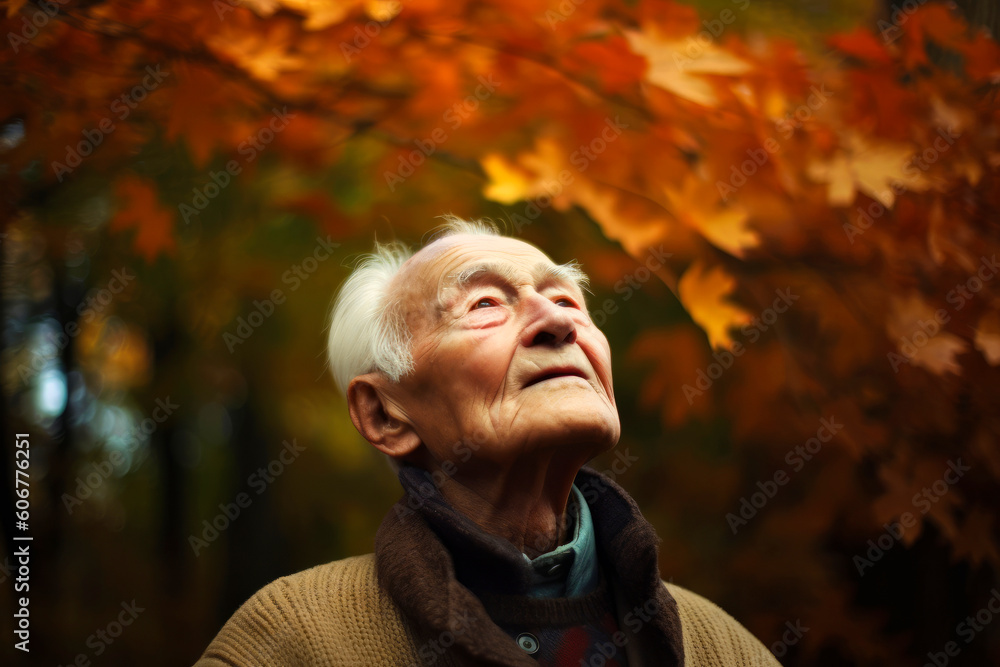 Portrait of an elderly man in the autumn park. Selective focus.