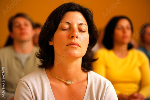 Group portrait photography of a woman in her 40s practicing mindfulness sophrology relaxation & stress-reduction wearing a cozy sweater in a classroom or educational setting
