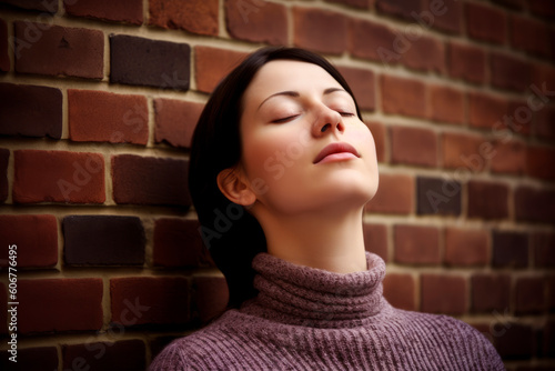 Portrait of beautiful young woman with closed eyes on brick wall background