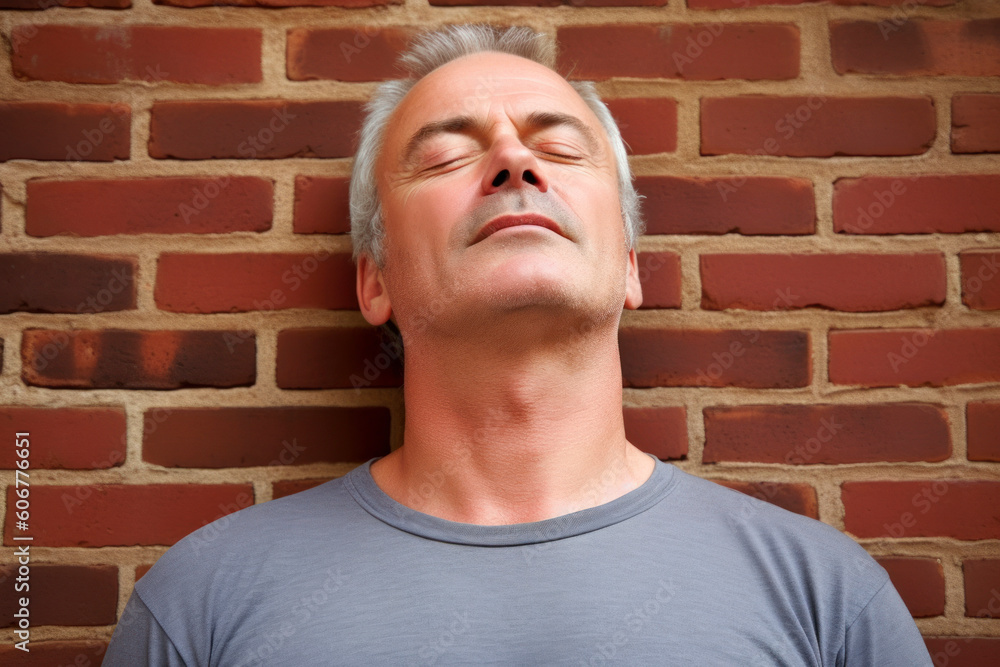 Portrait of a mature man with eyes closed against a brick wall Portrait of a mature man with eyes closed against a brick wall