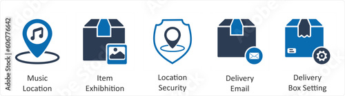 A set of 5 Business icons as music location, item exhibition, location security