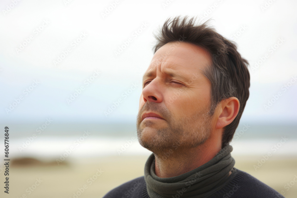 Portrait of a man with eyes closed on a beach in autumn Portrait of a man with eyes closed on a beach in autumn