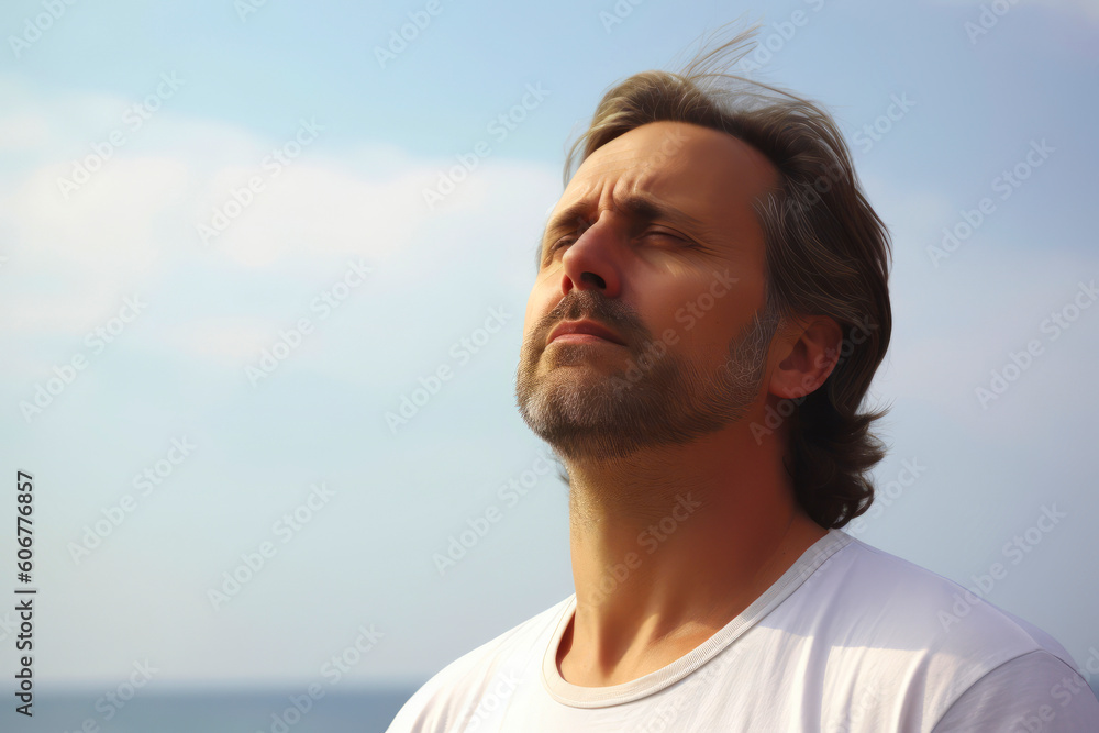 Portrait of a handsome young man with a beard in a white t-shirt against the blue sky