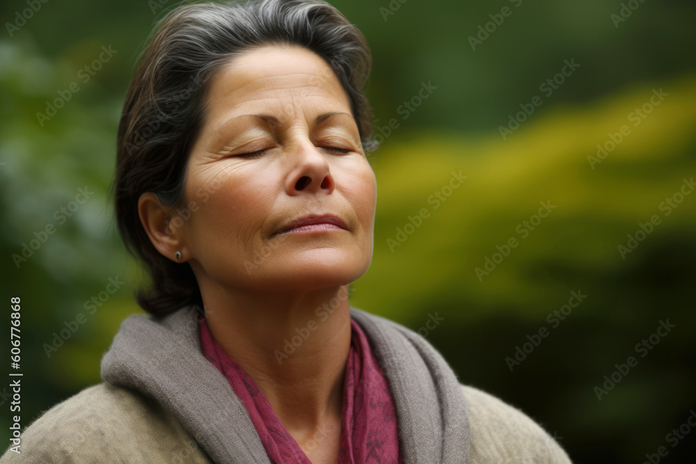Medium shot portrait photography of a woman in her 50s practicing mindfulness sophrology relaxation & stress-reduction wearing a chic cardigan against a japanese garden or zen background