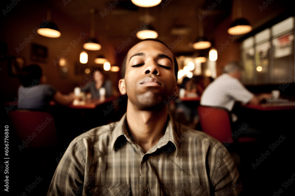 Portrait of a young african american man sleeping in a restaurant