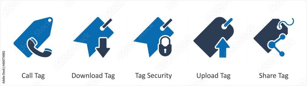 A set of 5 Business icons as call tag, download tag, tag security A set of 5 Business icons as call tag, download tag, tag security