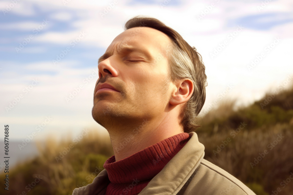 Medium shot portrait photography of a man in his 40s practicing mindfulness sophrology relaxation & stress-reduction wearing a cozy sweater against a summer landscape or beach background Medium shot portrait photography of a man in his 40s practicing mindfulness sophrology relaxation & stress-reduction wearing a cozy sweater against a summer landscape or beach background