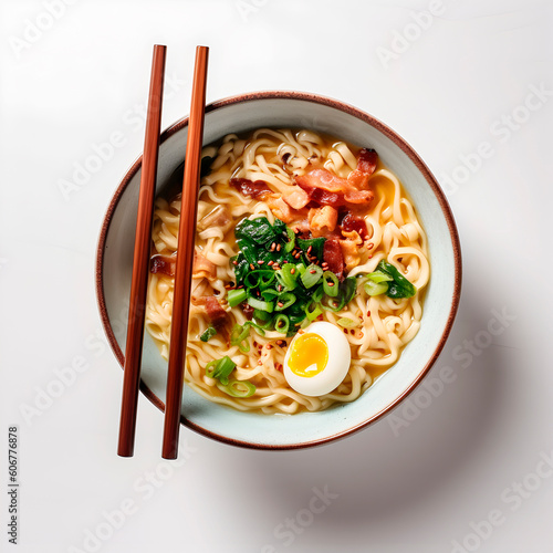 Vista desde arriba de bol de ramen con noodles para menú de restaurante asiático. Concepto de comida oriental. photo