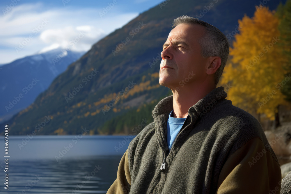 Handsome middle-aged man sitting on the edge of a mountain lake in autumn Handsome middle-aged man sitting on the edge of a mountain lake in autumn