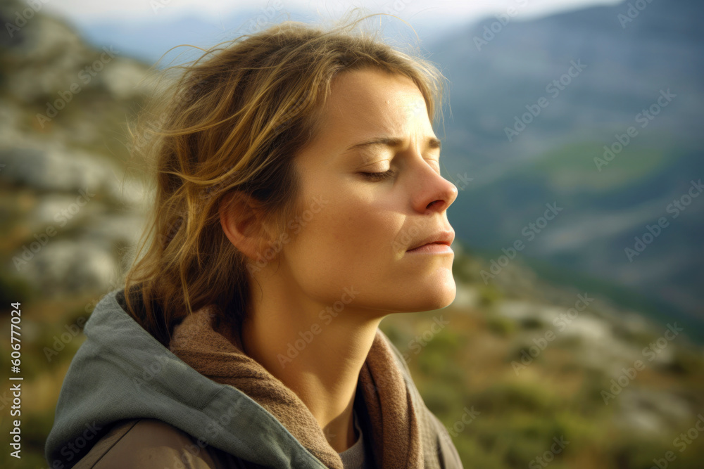 Young woman with closed eyes standing on top of a mountain and looking away