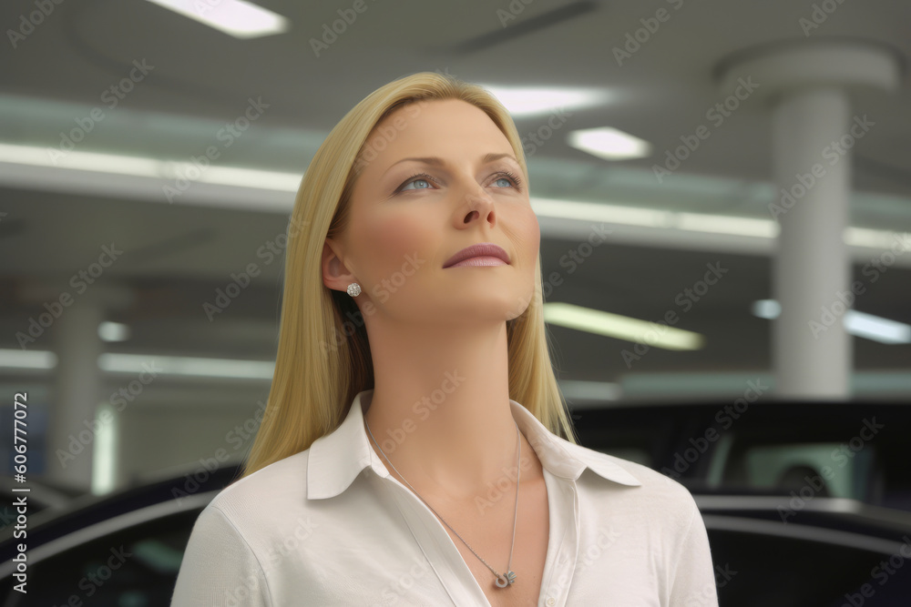 Beautiful young woman in car salon. Portrait of businesswoman.