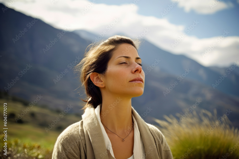 Young woman in the mountains, looking at the horizon and thinking. Young woman in the mountains, looking at the horizon and thinking.