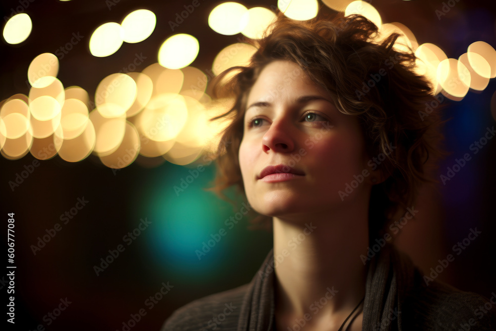 Portrait of a beautiful woman with long curly hair in the city at night Portrait of a beautiful woman with long curly hair in the city at night