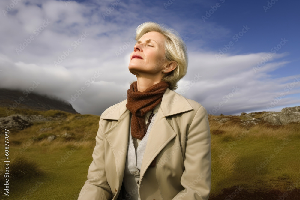 Portrait of a beautiful blonde woman in a coat and scarf standing in a field Portrait of a beautiful blonde woman in a coat and scarf standing in a field