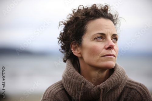 Portrait Of A Mature Woman Looking At Camera On Winter Beach