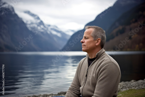 Portrait of a middle-aged man sitting in front of a lake