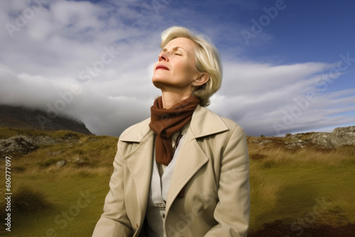 Portrait of a beautiful blonde woman in a coat and scarf standing in a field