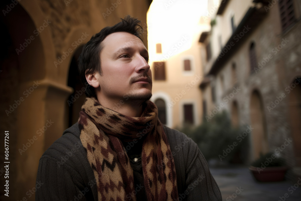 Medium shot portrait photography of a man in his 30s practicing mindfulness sophrology relaxation & stress-reduction wearing a cozy sweater against a roman or ancient architecture background Medium shot portrait photography of a man in his 30s practicing mindfulness sophrology relaxation & stress-reduction wearing a cozy sweater against a roman or ancient architecture background