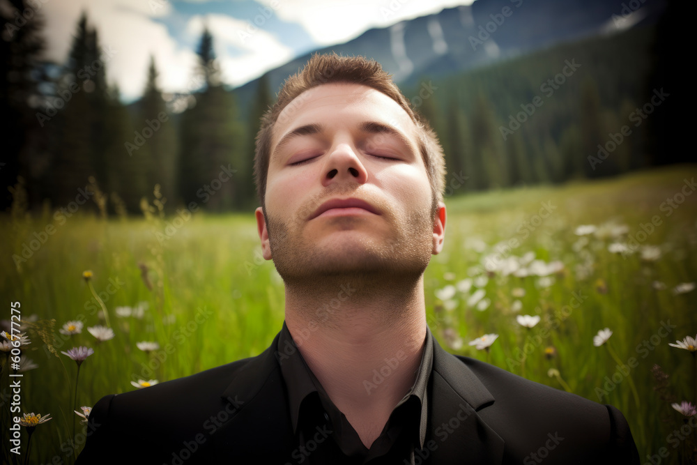 Young caucasian man relaxing in a meadow with flowers. Young caucasian man relaxing in a meadow with flowers.