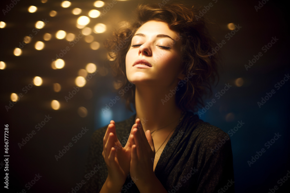 Portrait of a beautiful young woman with closed eyes meditating. Portrait of a beautiful young woman with closed eyes meditating.