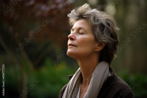 Close up of a beautiful mature woman standing in a park, eyes closed