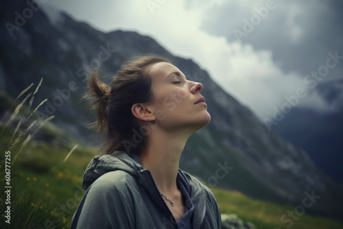 Beautiful young woman with closed eyes enjoying the beauty of the mountains