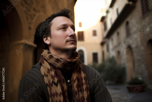 Medium shot portrait photography of a man in his 30s practicing mindfulness sophrology relaxation & stress-reduction wearing a cozy sweater against a roman or ancient architecture background