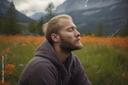 Handsome young man with long blond hair and beard in the mountains. © Eber Braun