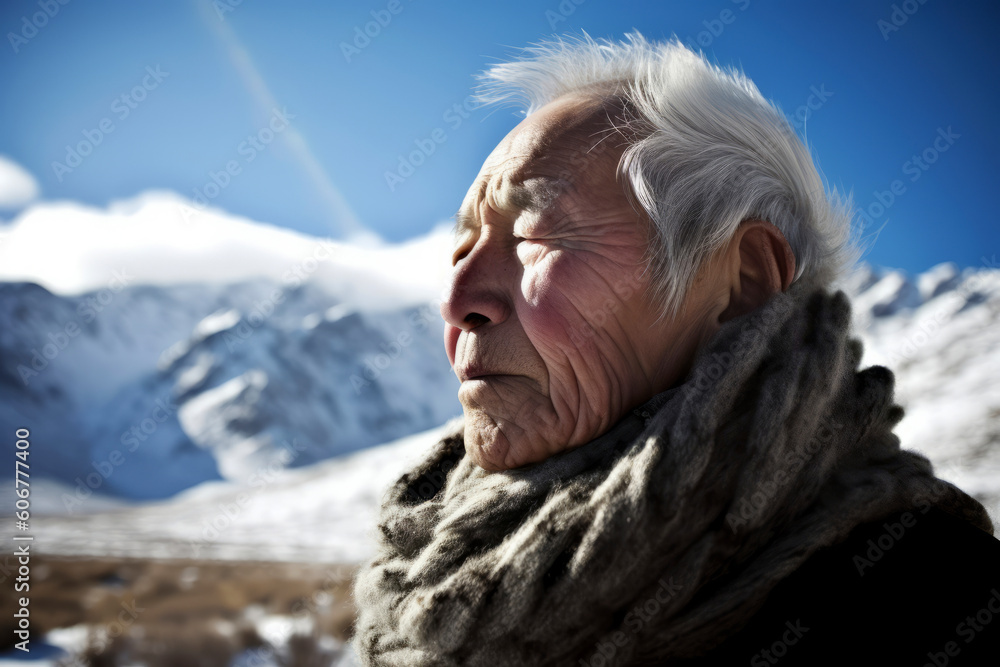 Portrait of an elderly man in the snow on a background of mountains