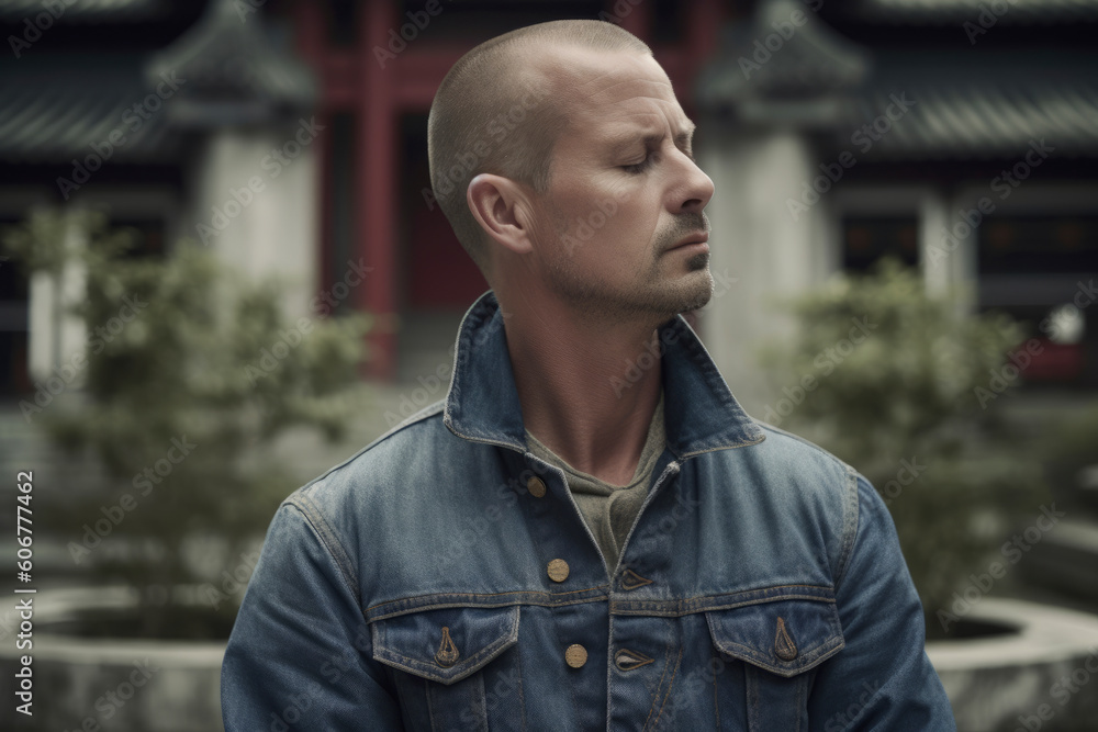 Portrait of a handsome bald man in a blue denim jacket. Portrait of a handsome bald man in a blue denim jacket.