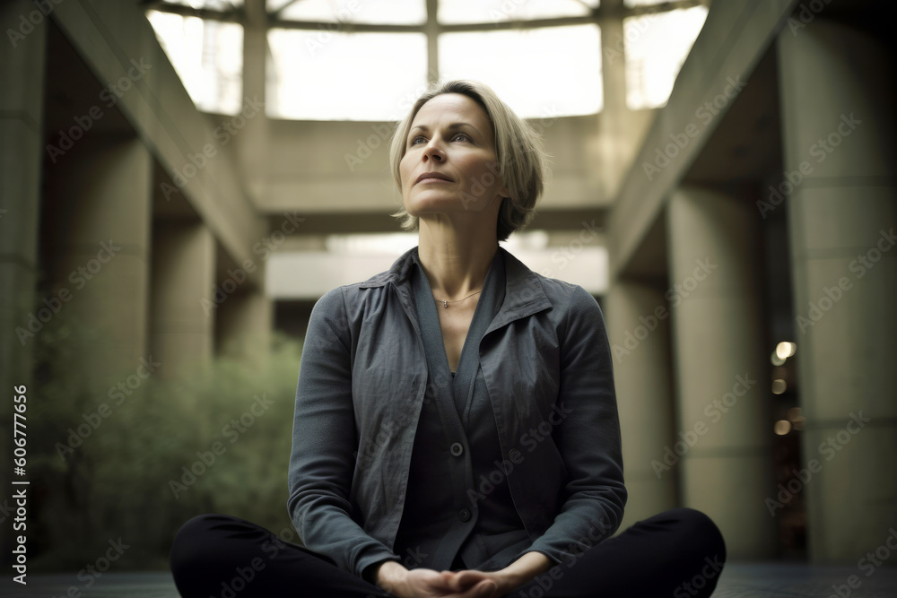 Businesswoman meditating in a modern office building (color toned image) Businesswoman meditating in a modern office building (color toned image)