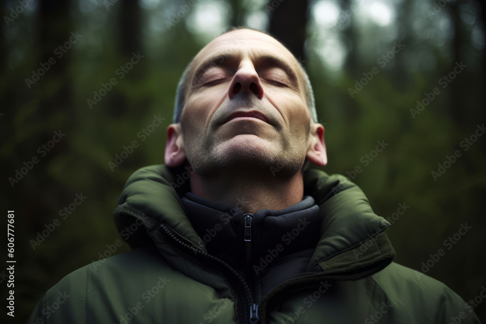 Portrait of a man in a green jacket in the woods.