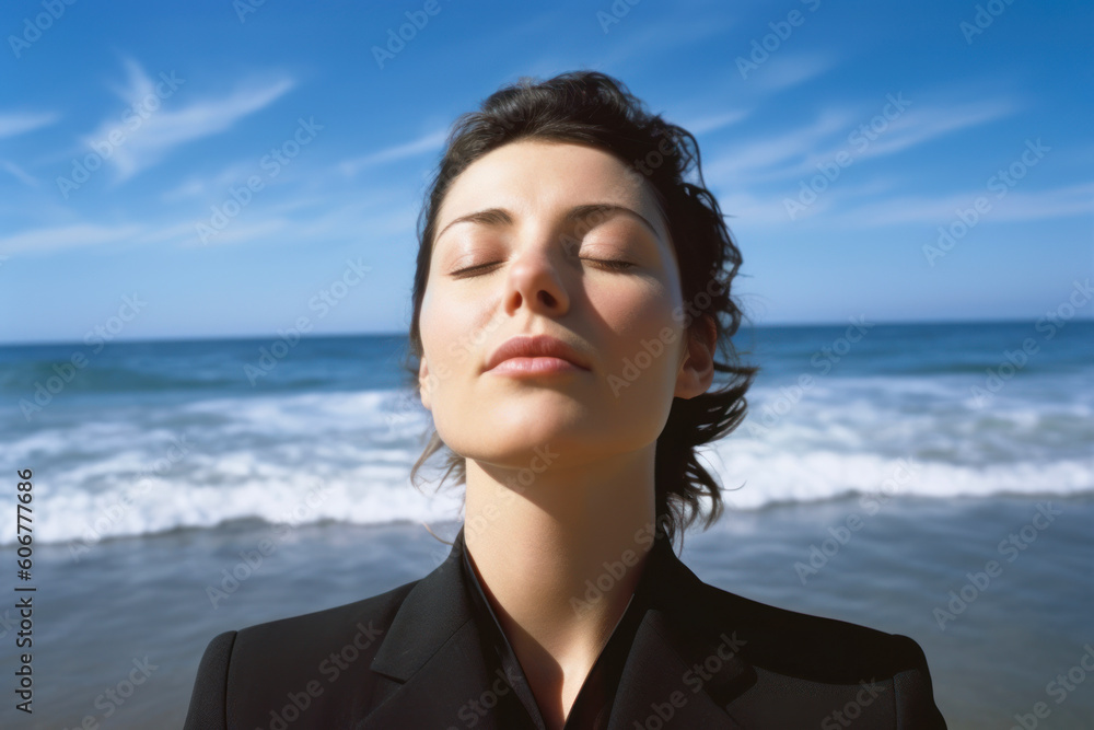Portrait of a young businesswoman with closed eyes on the beach Portrait of a young businesswoman with closed eyes on the beach