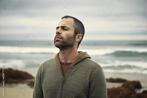 Portrait of a handsome young man on the beach, looking away