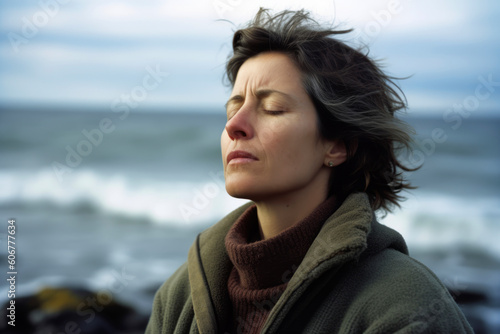 Portrait of a beautiful woman on the seashore in winter