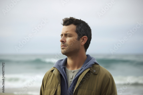 Portrait of handsome man standing on beach, looking away, side view