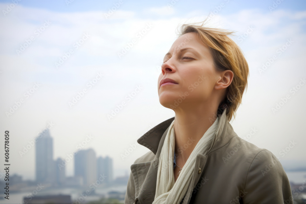 Young woman with eyes closed against the background of a modern city. Young woman with eyes closed against the background of a modern city.