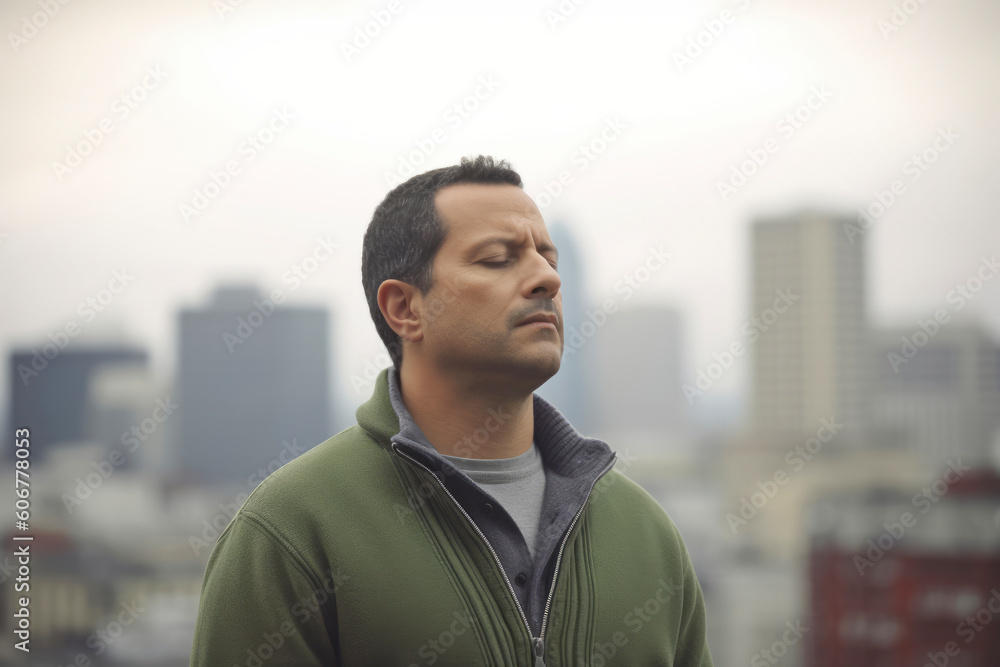 Portrait of a handsome man in a green jacket against the background of the city Portrait of a handsome man in a green jacket against the background of the city