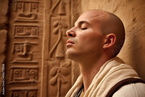 Medium shot portrait photography of a man in his 30s practicing mindfulness sophrology relaxation   stress-reduction wearing a cozy sweater against an ancient egyptian or hieroglyphics background