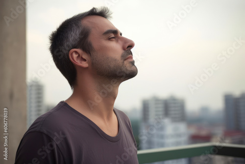 Profile view of young handsome Persian man looking away against view of the city