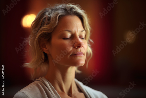 Portrait of a beautiful young woman with closed eyes in a restaurant