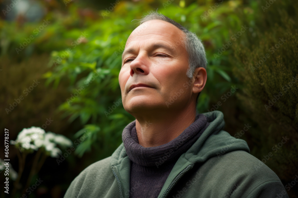 Portrait of a middle-aged man with closed eyes in the garden Portrait of a middle-aged man with closed eyes in the garden
